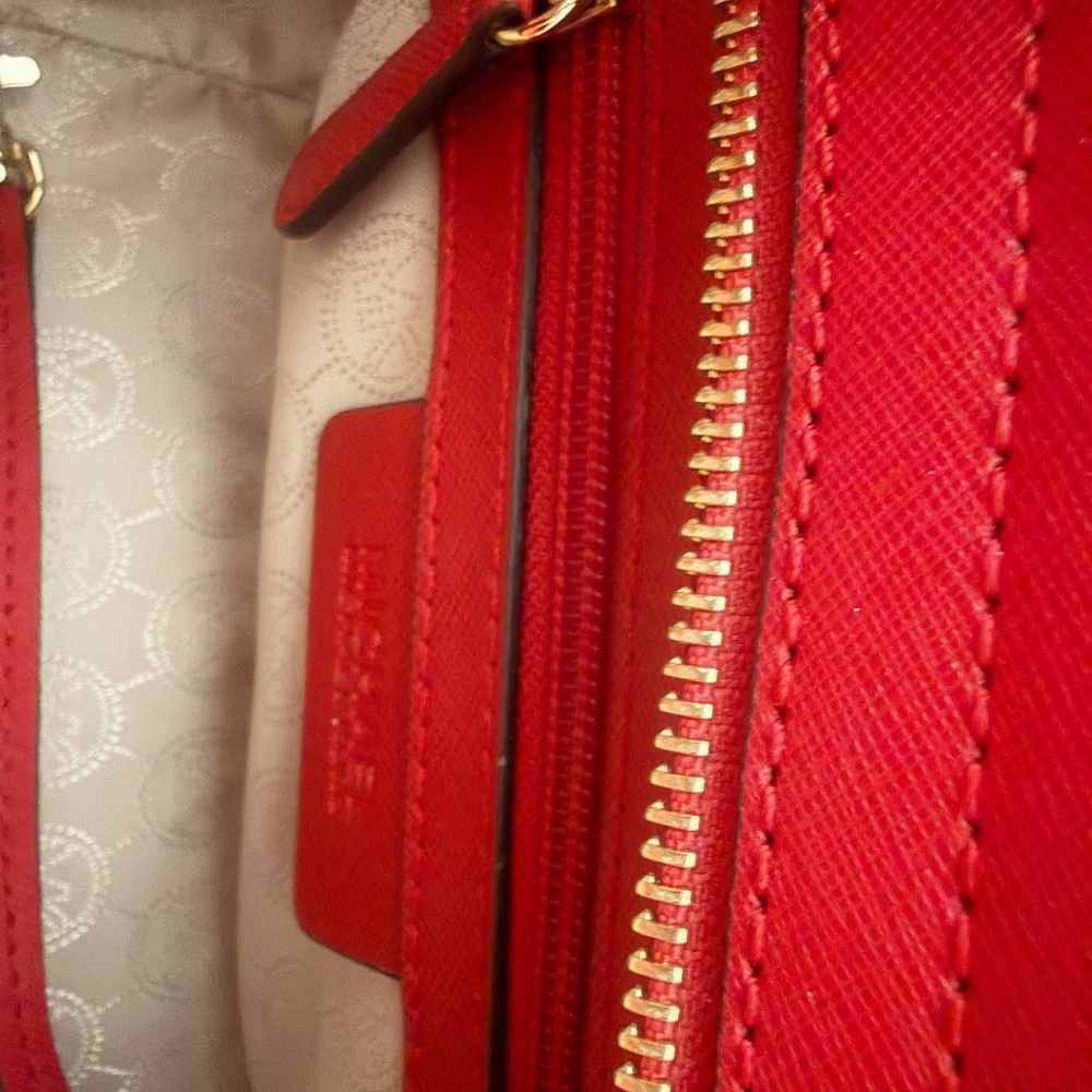 Michael Kors Red Studded Satchel Handbag Gold Hardware Logo Plate - Picture 6 of 7